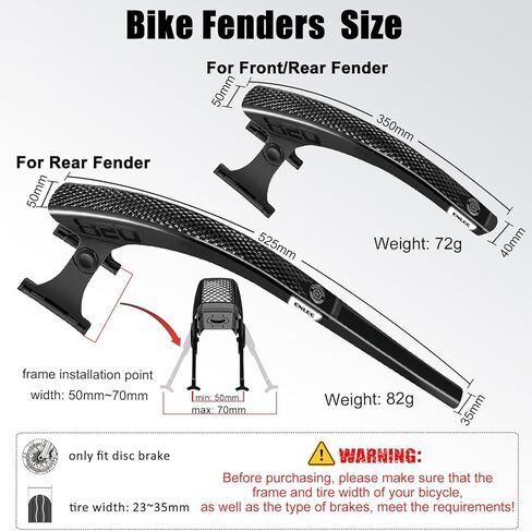 ENLEE 2pcs Bike Fender Set - Reflective Road/Gravel/Folding Bicycle Fender, Lightweight Waterproof Front and Rear Bike Mud Guard, Suitable for Bicycle Tire Width: 23-35mm(only fit disc Brake), Black in Kuwait