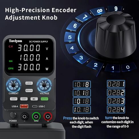30V 10A DC Power Supply Variable, Adjustment Bench Power Supply with Encoder Knob, 4 Memory Presets, OCP/OVP Protection, USB-A and Type-C Fast Charge and Key Lock for Repair Lab DIY in Saudi Arabia