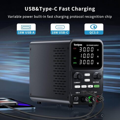 30V 10A DC Power Supply Variable, Adjustment Bench Power Supply with Encoder Knob, 4 Memory Presets, OCP/OVP Protection, USB-A and Type-C Fast Charge and Key Lock for Repair Lab DIY in Saudi Arabia