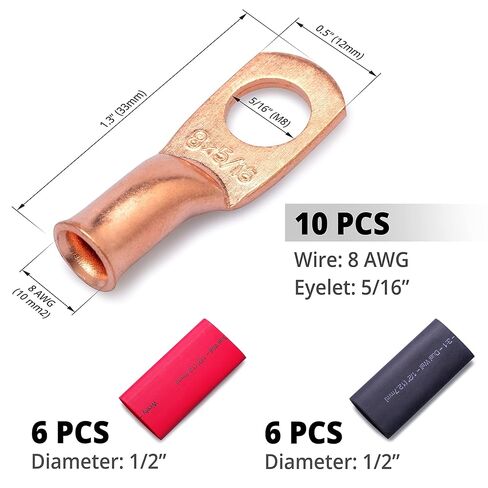 Wirefy 8 Gauge 5/16 "عروات سلكية - عروات كابلات نحاسية - موصلات أسلاك البطارية - أطراف حلقية - أطراف كابلات بطارية مجعدة - 10 قطع in Kuwait