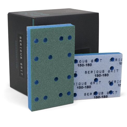 Serious Grit - 3" x 5" (80x133mm) Foam Sanding Pads - P150-180 Med Fine Finish Grit - 1/2" Thick Low Density Foam - Hook & Loop - Fits Festool RTS 400 & Mirka DEOS 3x5 Sanders – Made in USA – 10 Pack in Saudi Arabia
