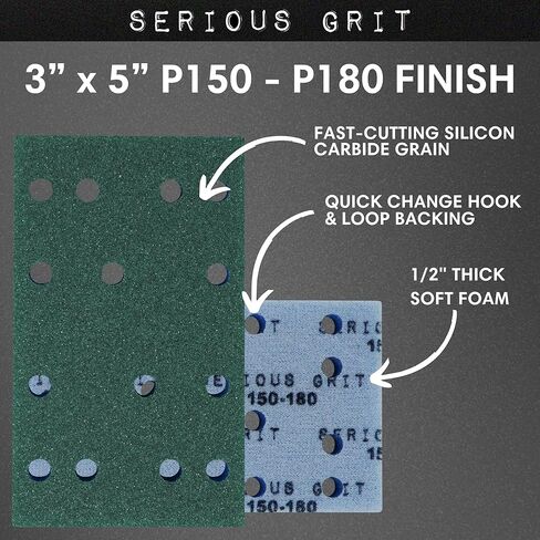 Serious Grit - 3" x 5" (80x133mm) Foam Sanding Pads - P150-180 Med Fine Finish Grit - 1/2" Thick Low Density Foam - Hook & Loop - Fits Festool RTS 400 & Mirka DEOS 3x5 Sanders – Made in USA – 10 Pack in Saudi Arabia