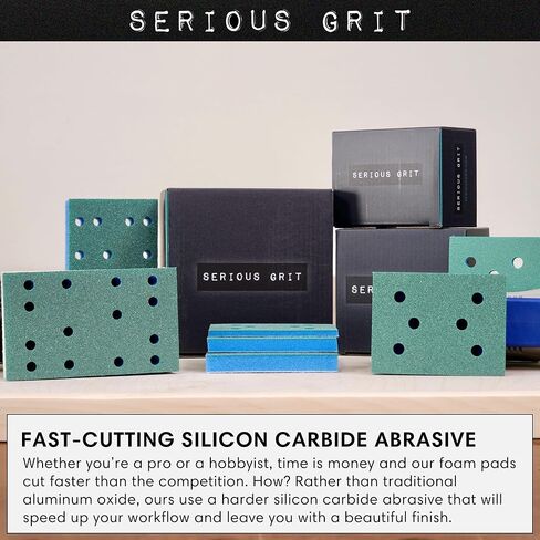 Serious Grit - 3" x 5" (80x133mm) Foam Sanding Pads - P150-180 Med Fine Finish Grit - 1/2" Thick Low Density Foam - Hook & Loop - Fits Festool RTS 400 & Mirka DEOS 3x5 Sanders – Made in USA – 10 Pack in Saudi Arabia