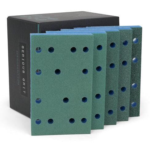 Serious Grit - 3" x 5" (80x133mm) Foam Sanding Pads - P150-180 Med Fine Finish Grit - 1/2" Thick Low Density Foam - Hook & Loop - Fits Festool RTS 400 & Mirka DEOS 3x5 Sanders – Made in USA – 10 Pack in Saudi Arabia