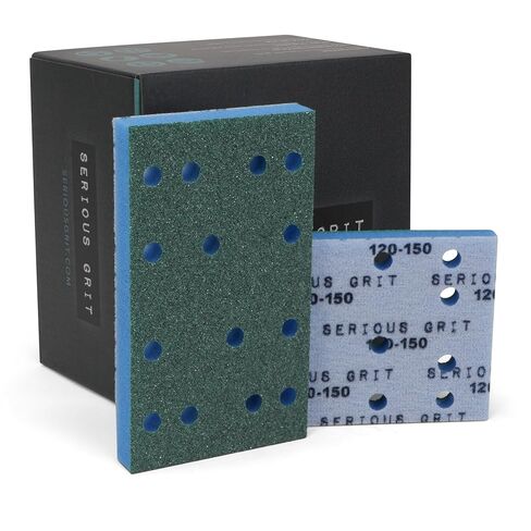 Serious Grit - 3" x 5" (80x133mm) Foam Sanding Pads - P150-180 Med Fine Finish Grit - 1/2" Thick Low Density Foam - Hook & Loop - Fits Festool RTS 400 & Mirka DEOS 3x5 Sanders – Made in USA – 10 Pack in Saudi Arabia
