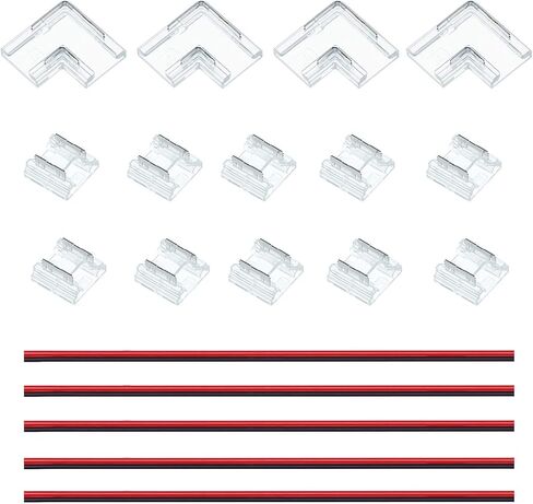 JOYLIT LED شريط موصل 2Pin 10 مم / 0.39 بوصة طقم موصل شفاف متوافق مع شريط LED أحادي اللون 10 مم COB SMD، يتضمن 10 قطع موصلات بدون فجوات، 4 قطع موصلات L، 5 قطع كابلات تمديد in Kuwait