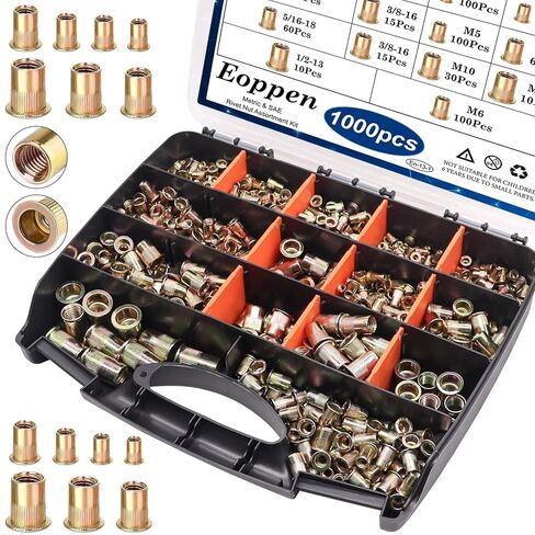 1000Pcs SAE & Metric Rivet Nuts Assortment Kit 6-32, 8-32, 10-24, 1/4-20, 5/16-18, 3/8-16, 1/2-13 M3 M4 M5 M6 M8 M10 M12 Zinc Plated Carbon Steel Flat Head Nutsert in Saudi Arabia