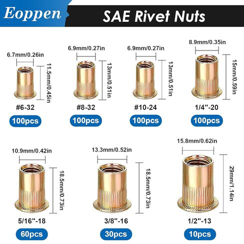 1000Pcs SAE & Metric Rivet Nuts Assortment Kit 6-32, 8-32, 10-24, 1/4-20, 5/16-18, 3/8-16, 1/2-13 M3 M4 M5 M6 M8 M10 M12 Zinc Plated Carbon Steel Flat Head Nutsert in Saudi Arabia
