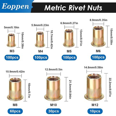 1000Pcs SAE & Metric Rivet Nuts Assortment Kit 6-32, 8-32, 10-24, 1/4-20, 5/16-18, 3/8-16, 1/2-13 M3 M4 M5 M6 M8 M10 M12 Zinc Plated Carbon Steel Flat Head Nutsert in Saudi Arabia
