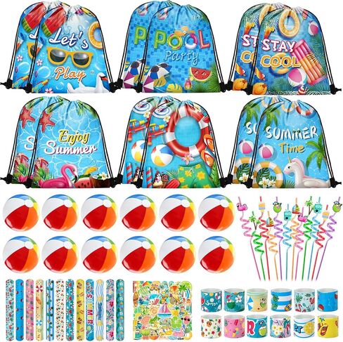 98 PCS Pool Party Party Favors Carphstring Party Party Party Favors Goodie حقائب مع قش شرب ملصقات أساور صفعة لاستلواحات Pool Party Supplies in Kuwait