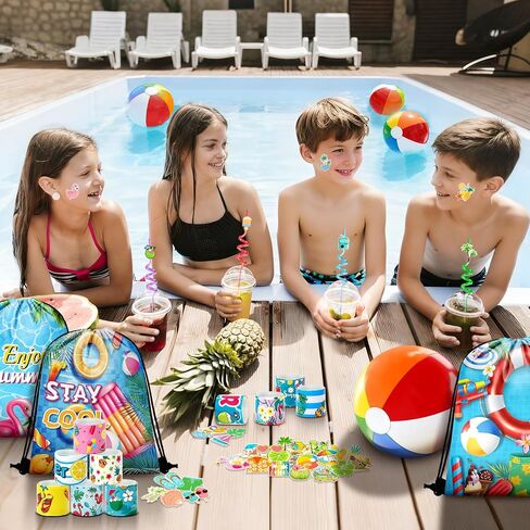 98 PCS Pool Party Party Favors Carphstring Party Party Party Favors Goodie حقائب مع قش شرب ملصقات أساور صفعة لاستلواحات Pool Party Supplies in Kuwait