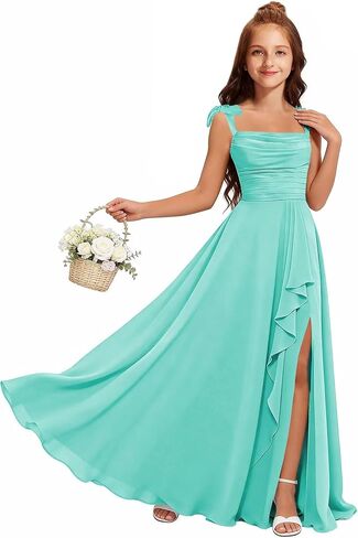 MRHUSH Junior Bridesmaid Dresses for Teen Girls Chiffon Flower Girl Dress Ruffles Wedding Guest Spaghetti Straps Party Gown in Kuwait