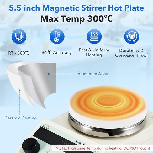 5.5 inch Magnetic Stirrer Hot Plate, Max Temp 572℉/ 300℃, 100-1500RPM Ceramic Coated Aluminum Stir Plate, Max 5L Stirring Capacity, with Stir Bar, Temp Probe Sensor, Stand in Kuwait