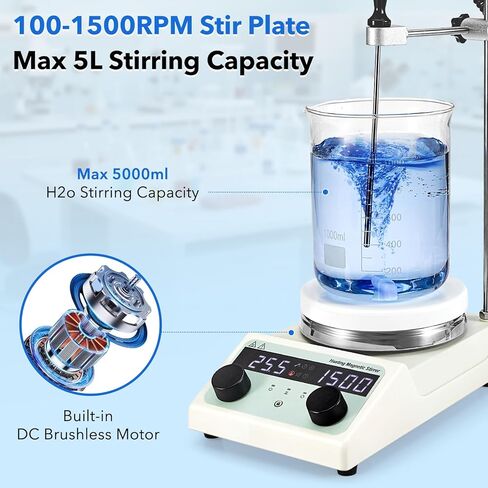 5.5 inch Magnetic Stirrer Hot Plate, Max Temp 572℉/ 300℃, 100-1500RPM Ceramic Coated Aluminum Stir Plate, Max 5L Stirring Capacity, with Stir Bar, Temp Probe Sensor, Stand in Kuwait