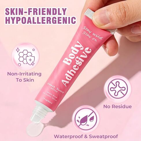 غراء لاصق للجسم للملابس والبشرة، غراء جسم آمن على القماش، مقاوم للعرق وقابل للغسل، شريط غراء عصري للراقصات، الجوارب، ملابس الرقص، حمالات الصدر، الشعر المستعار، الأزياء التنكرية، يثبت طوال اليوم، سريع الجفاف in Kuwait