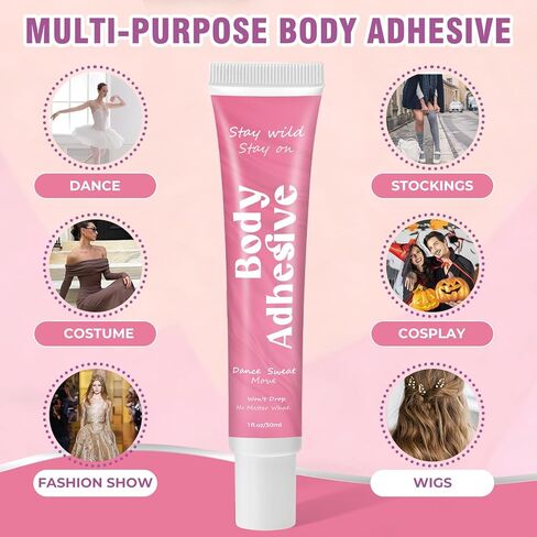 غراء لاصق للجسم للملابس والبشرة، غراء جسم آمن على القماش، مقاوم للعرق وقابل للغسل، شريط غراء عصري للراقصات، الجوارب، ملابس الرقص، حمالات الصدر، الشعر المستعار، الأزياء التنكرية، يثبت طوال اليوم، سريع الجفاف in Kuwait