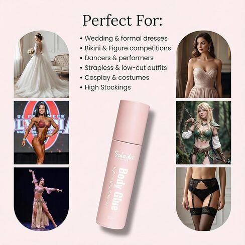 Saleyla Roll-On Body Glue 20ml – Sweat-Resistant, Clear Body Adhesive for Bikini, Competition Suits, Swimwear & Stagewear | Fashion Tape Alternative, Secure Fit, Gentle on Skin, Long-Lasting Hold in Saudi Arabia