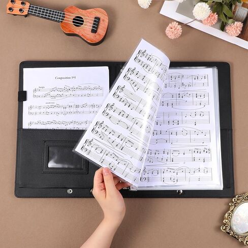 Choral Sheet Music Folder Organiser 3 Ring Black Choir Binder with Hand Strap PU Piano Music Sheet Holder Storage with Plastic Sleeves Fits Letter Size 8.5 x 11 Inch for Guitar, Orchestra, Band in Saudi Arabia