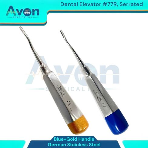 مصعد الأسنان Root Pick رقم 77R، طرف مسنن ذو إزاحة طفيفة | مقبض مجوف خفيف الوزن بأطراف ملونة (أزرق وذهبي) | الفولاذ المقاوم للصدأ الألماني (مجموعة من 2) in Saudi Arabia