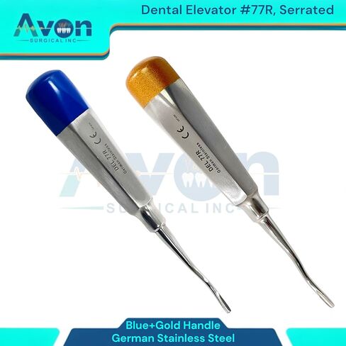 مصعد الأسنان Root Pick رقم 77R، طرف مسنن ذو إزاحة طفيفة | مقبض مجوف خفيف الوزن بأطراف ملونة (أزرق وذهبي) | الفولاذ المقاوم للصدأ الألماني (مجموعة من 2) in Saudi Arabia