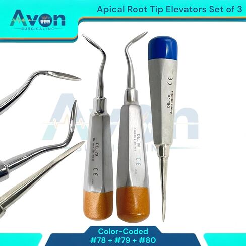 Set of 3 Apical Root Pick Elevators, Angled & Straight, Left & Right | #78, #79, #80 | Dental Root Tooth Extracting Elevators with Hollow Handle, Single Ended in Saudi Arabia