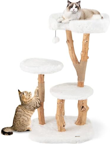 Tangkula Cat Tree Tower, Solid Wood Modern Cat Tower with Top Cattail Basket Bed, Side Perch, Large Platform & Condo, Cute Cat Tree with Scratching Posts for Indoor Cats Large Adult in Kuwait