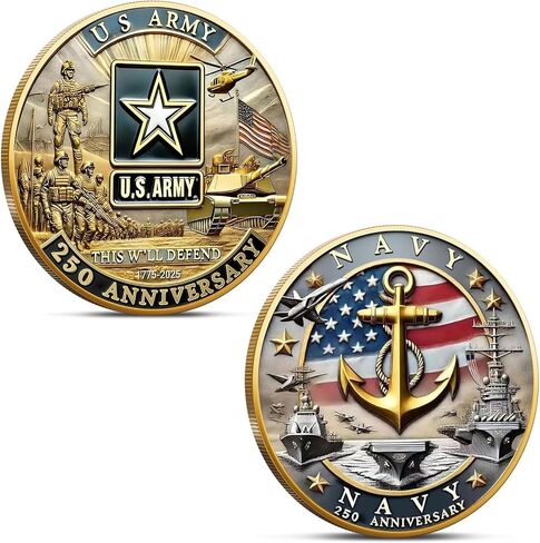 250th Anniversary U.S. Army Challenge Coin Set - Army, Navy, Marine Corps Coins - Gold Edge Double-Sided Embossed Design - 1.57" Durable Metal Coin - Veteran/Patriotic Collector Gift (All-3pcs) in Kuwait