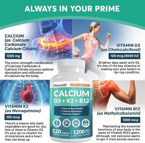 4 في 1 كالسيوم 1200 مجم مع مكملات فيتامين د3 للنساء والرجال - قوة كالسيوم إضافية مع فيتامين د3 ك2 مكمل 5000 وحدة دولية، 1200 مجم لكل وجبة - مجاني - صديق للنباتيين (120 قطعة) (عبوة من 1) in Kuwait
