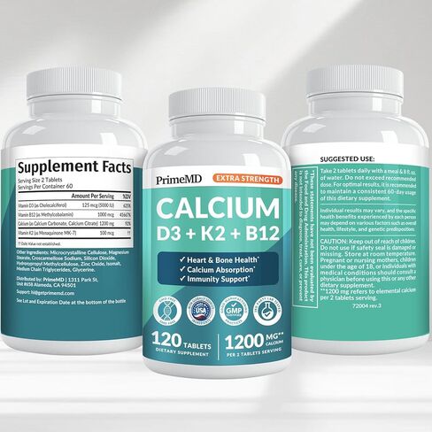 4 في 1 كالسيوم 1200 مجم مع مكملات فيتامين د3 للنساء والرجال - قوة كالسيوم إضافية مع فيتامين د3 ك2 مكمل 5000 وحدة دولية، 1200 مجم لكل وجبة - مجاني - صديق للنباتيين (120 قطعة) (عبوة من 1) in Kuwait