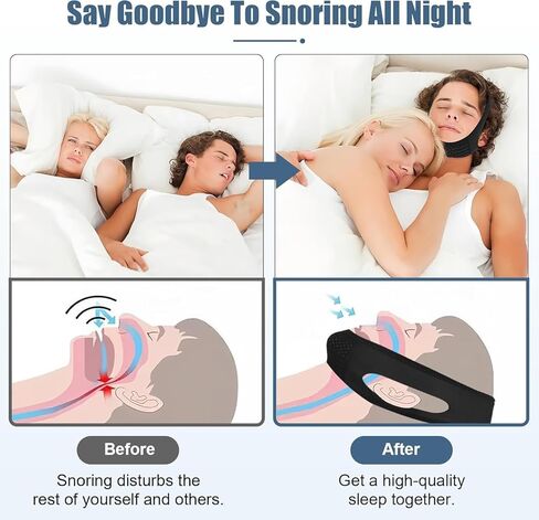حزام الذقن للنوم - أجهزة مضادة للشخير - حل مريح لوقف الشخير - أجهزة توقف التنفس أثناء النوم قابلة للتعديل - حزام ذقن بسيط وفعال مضاد للشخير (أسود) in Kuwait