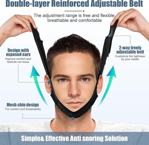 حزام الذقن للنوم - أجهزة مضادة للشخير - حل مريح لوقف الشخير - أجهزة توقف التنفس أثناء النوم قابلة للتعديل - حزام ذقن بسيط وفعال مضاد للشخير (أسود) in Kuwait