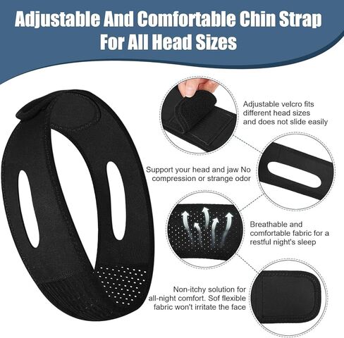 حزام الذقن للنوم - أجهزة مضادة للشخير - حل مريح لوقف الشخير - أجهزة توقف التنفس أثناء النوم قابلة للتعديل - حزام ذقن بسيط وفعال مضاد للشخير (أسود) in Kuwait