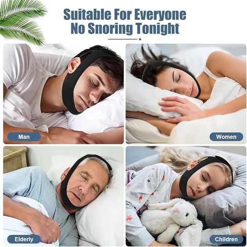 حزام الذقن للنوم - أجهزة مضادة للشخير - حل مريح لوقف الشخير - أجهزة توقف التنفس أثناء النوم قابلة للتعديل - حزام ذقن بسيط وفعال مضاد للشخير (أسود) in Kuwait