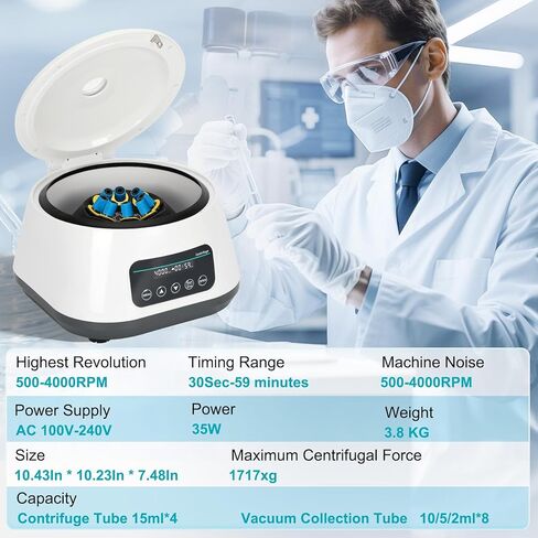 جهاز الطرد المركزي Lab PRP Benchtop، جهاز طرد مركزي رقمي لسطح المكتب 8x2 مل/5 مل/10 مل/4 × 15 مل، أنابيب اختبار السعة، مؤقت 30 ثانية - 60 دقيقة، سرعة رقمية 500-4000 دورة في الدقيقة، Max1717xg RCF لتطبيقات المختبر المختلفة in Kuwait