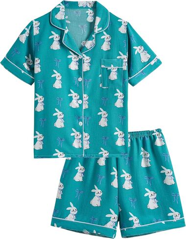 Girls Pajamas Short Sleeve with Shorts Button Down Loose Fit Summer Sleepwear Soft Wrinkle Muslin Nighty 2pcs in Kuwait