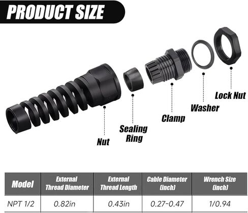 Cable Glands Nylon Cable Gland Waterproof joints with Strain Relief for 1/2" Dia Wire,10PCS IP68 NPT1/2" Suitable for Various Electrical in Saudi Arabia
