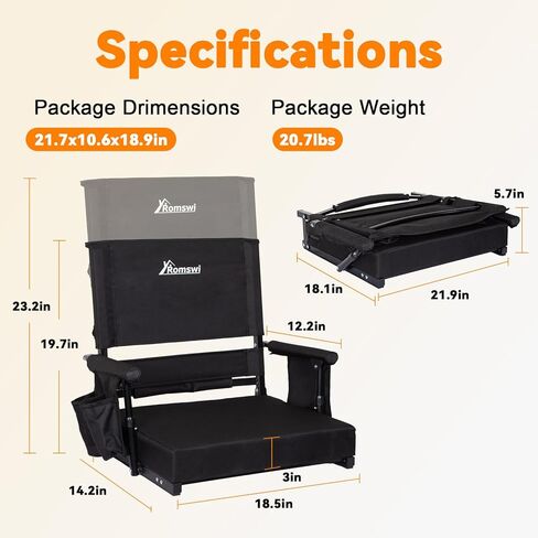 مقعد استاد رومسوي مكون من قطعتين مع دعم للظهر المرتفع وأسفل الظهر قابل للتعديل، كراسي مبيض سميكة بسمك 3 بوصات مع تعديلين للارتفاع، مساند للذراعين وحاملات أكواب، مريحة ومحمولة، أسود in Kuwait