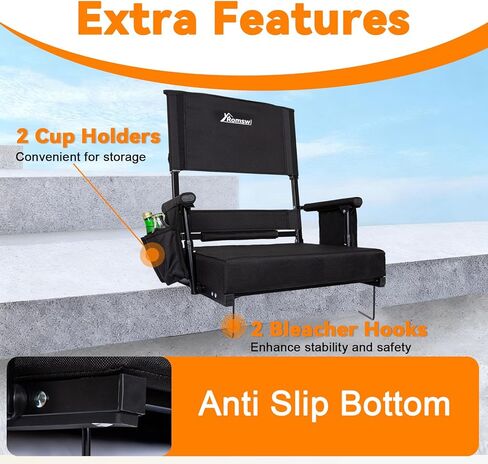 مقعد استاد رومسوي مكون من قطعتين مع دعم للظهر المرتفع وأسفل الظهر قابل للتعديل، كراسي مبيض سميكة بسمك 3 بوصات مع تعديلين للارتفاع، مساند للذراعين وحاملات أكواب، مريحة ومحمولة، أسود in Kuwait