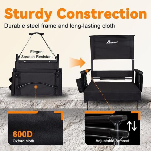 مقعد استاد رومسوي مكون من قطعتين مع دعم للظهر المرتفع وأسفل الظهر قابل للتعديل، كراسي مبيض سميكة بسمك 3 بوصات مع تعديلين للارتفاع، مساند للذراعين وحاملات أكواب، مريحة ومحمولة، أسود in Kuwait
