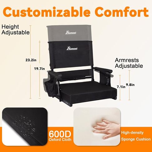مقعد استاد رومسوي مكون من قطعتين مع دعم للظهر المرتفع وأسفل الظهر قابل للتعديل، كراسي مبيض سميكة بسمك 3 بوصات مع تعديلين للارتفاع، مساند للذراعين وحاملات أكواب، مريحة ومحمولة، أسود in Kuwait