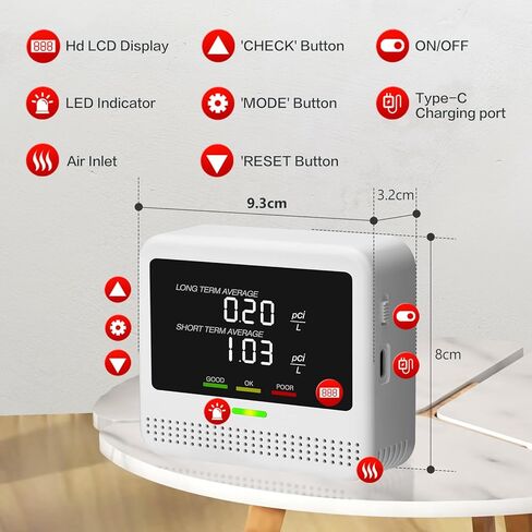 كاشف الرادون الرقمي - جهاز سطح المكتب سهل الاستخدام مع شاشة LCD عالية الدقة، عمر البطارية 2-3 سنوات عند الشحن لمدة 6 ساعات، عمر المستشعر 10 سنوات، مثالي لقراءة دقيقة لـ pCi/L في المنزل والمكتب in Kuwait