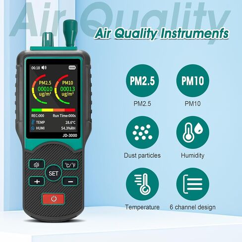 Dust Particle Detector, High Sensitivity 6-Channel PM0.3/0.5/1.0/3.0/5.0/10 µm Particulate Monitor PM2.5, PM10 Transfer/Storge Air Quality Pollution Monitor-JD3000 in Kuwait