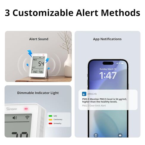 جهاز مراقبة جودة الهواء الداخلي الذكي SONOFF مع PM2.5، PM10، مستشعر درجة الحرارة والرطوبة، عرض وإنذار في الوقت الحقيقي، متوافق مع المادة، واي فاي 2.4 جيجا هرتز، شاشة 3.73 بوصة، لغرفة النوم، غرفة الحضانة in Kuwait