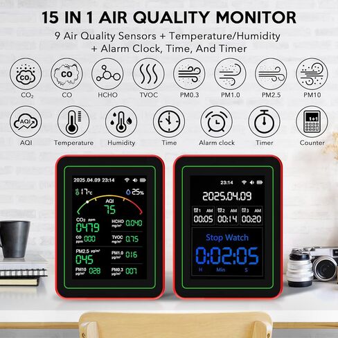 Air Quality Monitor Home Indoor - 15-in-1 Professional Air Meter with HCHO, CO2, PM, TVOC, AQI, Temperature & Humidity, Real-Time Display, App Control, Portable, Accurate for Home & Office Use in Kuwait