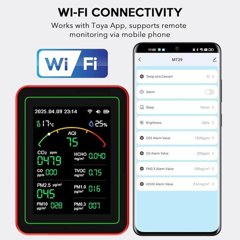 Air Quality Monitor Home Indoor - 15-in-1 Professional Air Meter with HCHO, CO2, PM, TVOC, AQI, Temperature & Humidity, Real-Time Display, App Control, Portable, Accurate for Home & Office Use in Kuwait