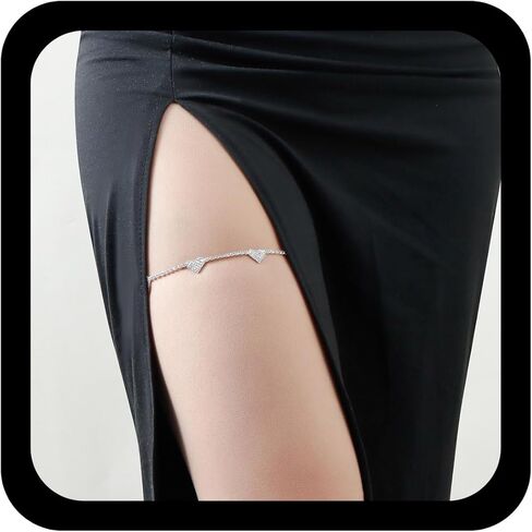 Crystal Heart Tennis Thigh Chain Rhinestone Tennis Chain Thigh Ring Glitter Diamond Heart Leg Chain Black Stretch Thigh Garter Belt Beach Bikini Body Chain Jewelry for Women in Kuwait