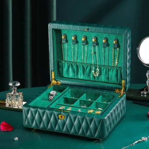 صندوق مجوهرات من الجلد الأصلي - 3 طبقة منظم مجوهرات كبير مع مرآة ، صندوق مجوهرات قابل للقفل للنساء - قلادة ، خاتم ، منظم قرط مع درج - هدايا (أخضر) in Kuwait