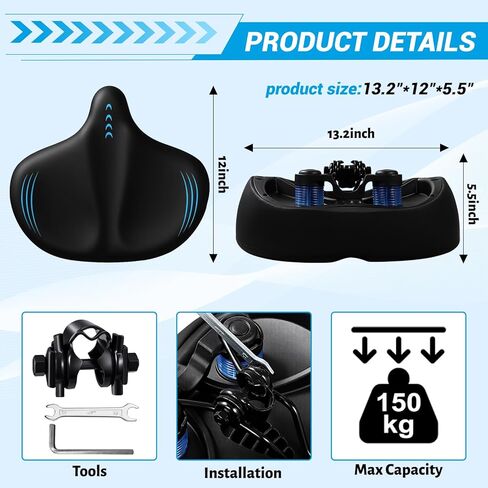 وسادة مقعد دراجة كبيرة الحجم جديدة 2026 للرجال والنساء، سرج دراجة مريح من إسفنج الذاكرة، مقعد دراجة عالمي مقاوم للماء لدراجات بيلوتون للتمرين على الطرق الجبلية ودراجات المدينة الكهربائية in Kuwait