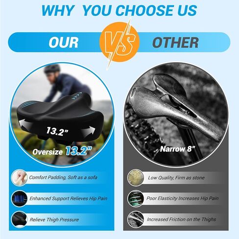 وسادة مقعد دراجة كبيرة الحجم جديدة 2026 للرجال والنساء، سرج دراجة مريح من إسفنج الذاكرة، مقعد دراجة عالمي مقاوم للماء لدراجات بيلوتون للتمرين على الطرق الجبلية ودراجات المدينة الكهربائية in Kuwait