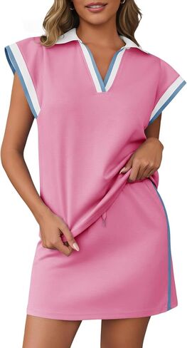 Fisoew Womens 2 قطعة تنورة مجموعة قمم الصيف غلاف قمم مطابقة لتنورات التنس غير الرسمية ألوان كتلة العطلات مجموعات صالة in Saudi Arabia